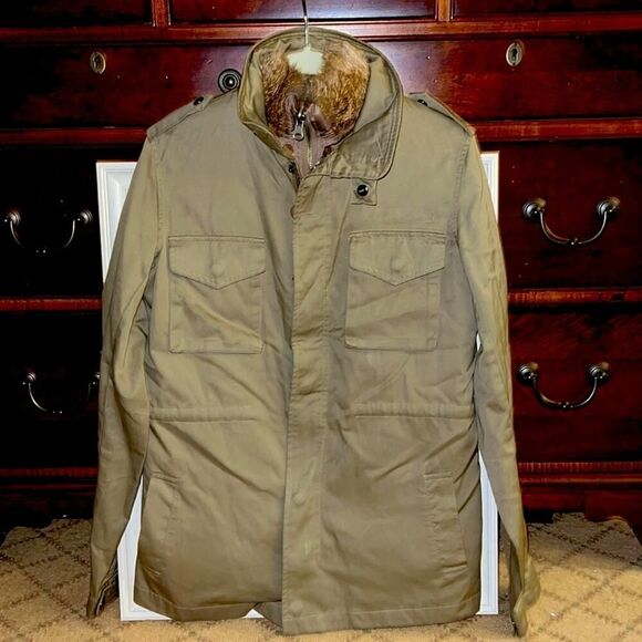 La Rok Luxe Army Green Safari Jacket w removable rabbit fur vest lining NWOT XS - Picture 1 of 10